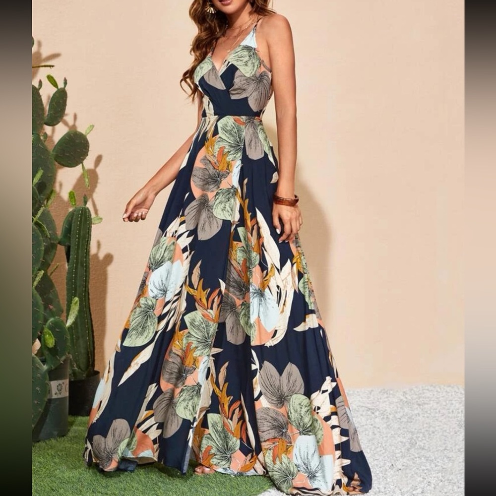 Boho Floral Tropical Print Slit Criss Cross Back Maxi Dress - Picture 4 of 5